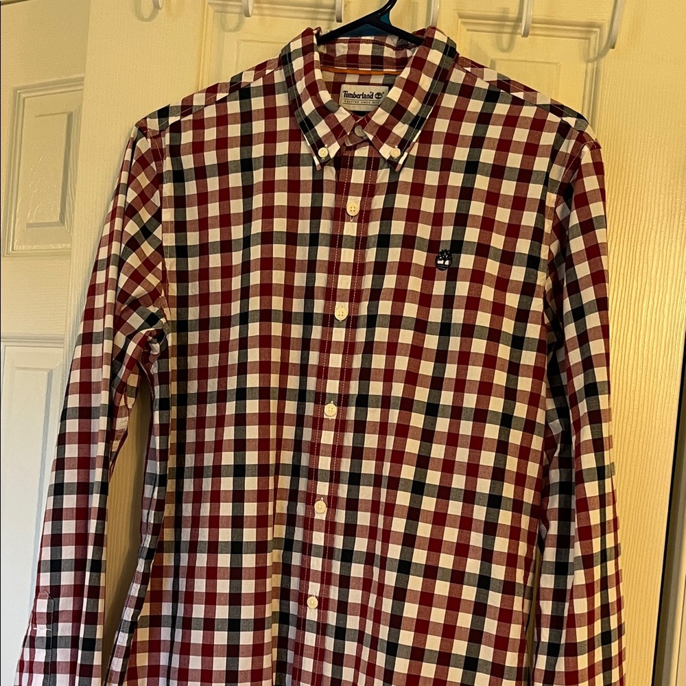 Timberland Men's Red, White and Navy Blue Plaid Shirt